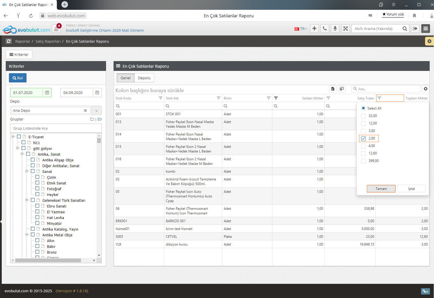 En Çok Satılanlar Raporu